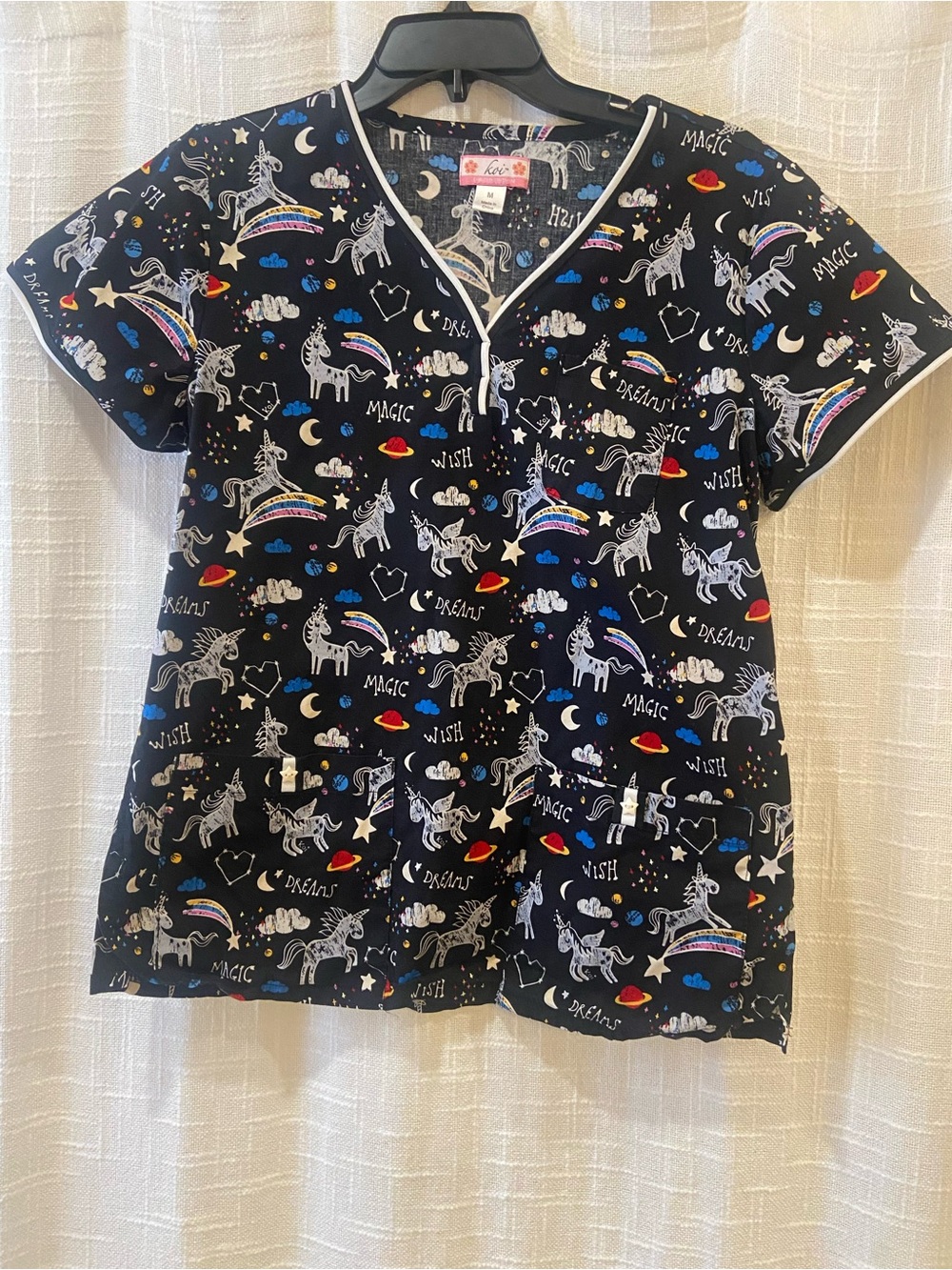 Koi Black Unicorn Print Scrub Top